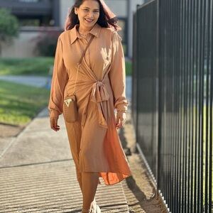 Elegant Tan Wrap Dress